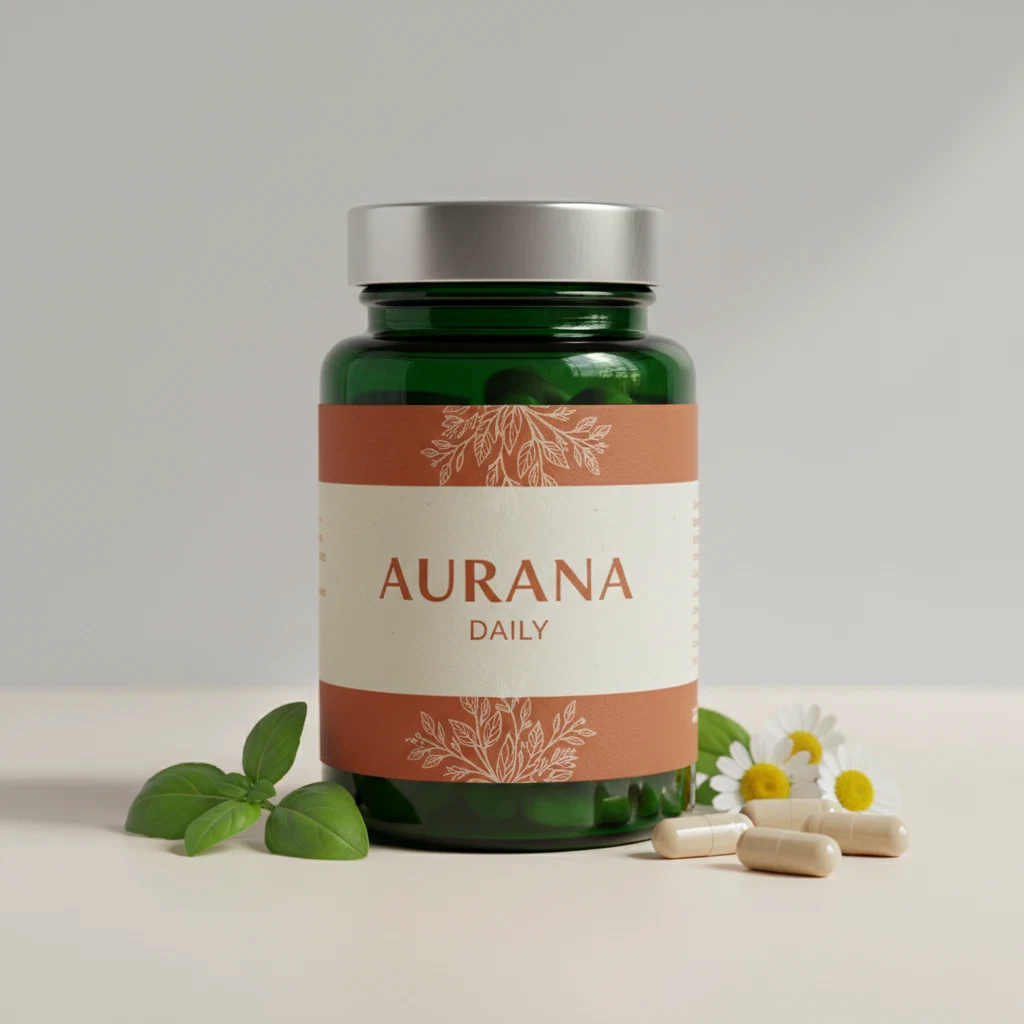 Aurana Daily donkergroene glazen pot met zilveren deksel en witte etiketten - voedingssupplement 90 capsules