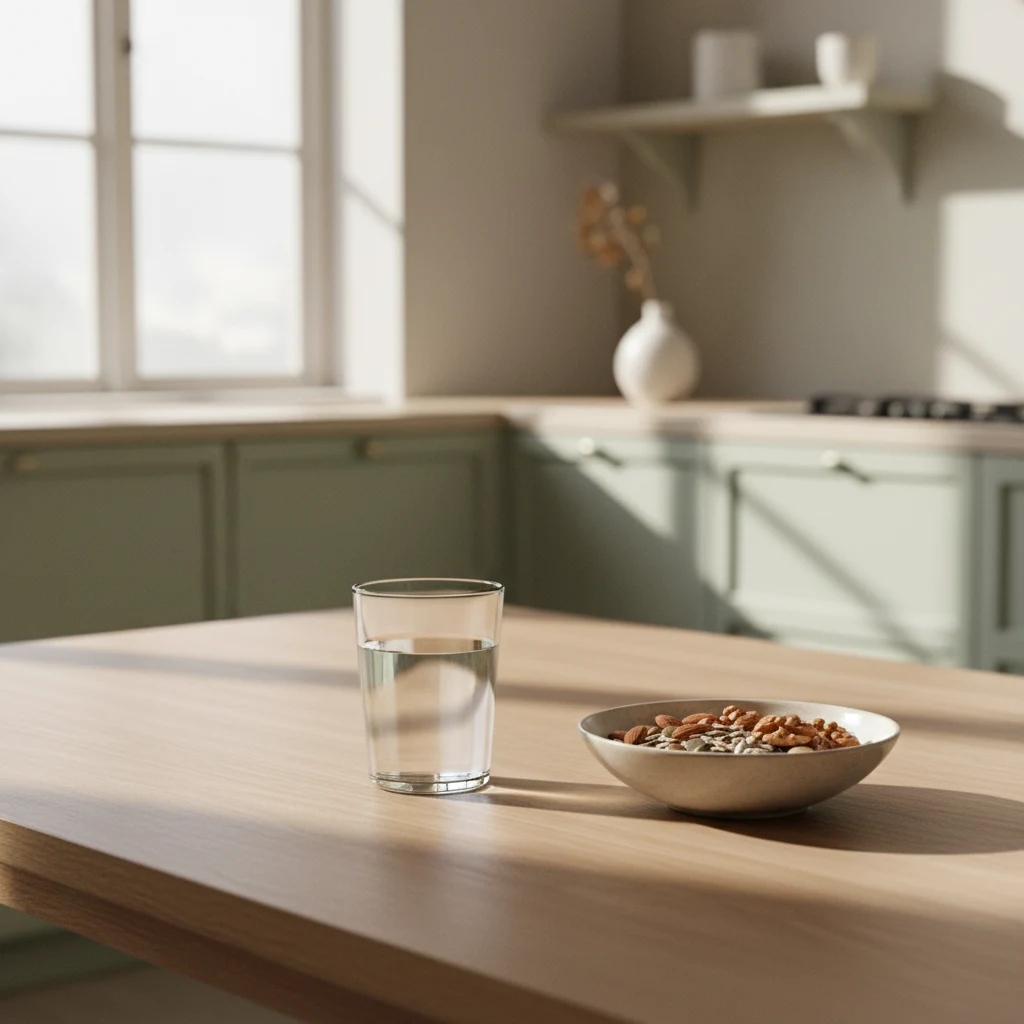 Een glas water en een ochtendontbijt op een lichte houten tafel met zachte ochtendzon